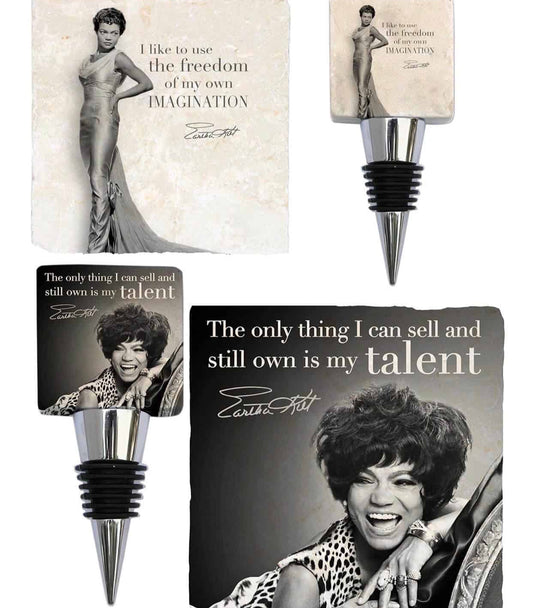 Eartha Kitt coasters and bottle stoppers