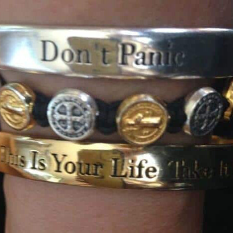 don't panic bracelet, my saint my hero bracelet, anxiety help, bracelet stack